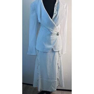 Elegant White Pearl-Trim Skirt Suit‎ Set Women's Formal 2-Piece Outfit